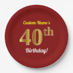 [ Thumbnail: Red, Faux Gold 40th Birthday + Custom Name Paper Plates ]
