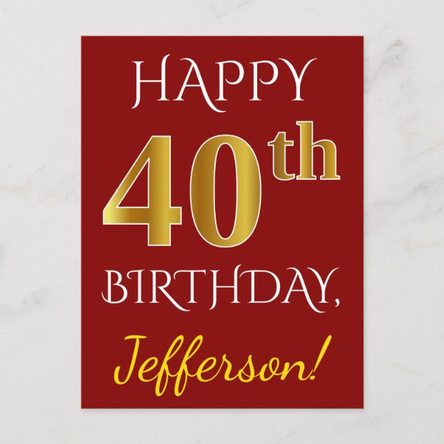 Red, Faux Gold 40th Birthday + Custom Name Postcard (Front)