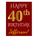 [ Thumbnail: Red, Faux Gold 40th Birthday + Custom Name Postcard ]