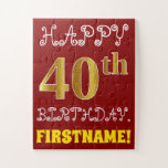 [ Thumbnail: Red, Faux Gold 40th Birthday + Custom Name Puzzle ]