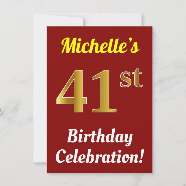 Red, Faux Gold 41st Birthday Celebration + Name Invitation (Front)