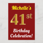 [ Thumbnail: Red, Faux Gold 41st Birthday Celebration + Name Invitation ]