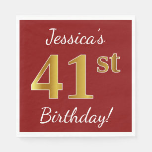 Red, Faux Gold 41st Birthday + Custom Name Napkins