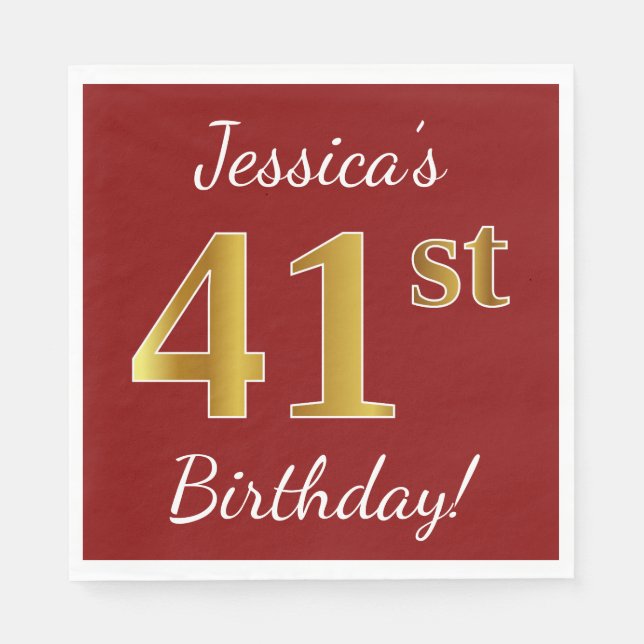 Red, Faux Gold 41st Birthday + Custom Name Napkins (Front)