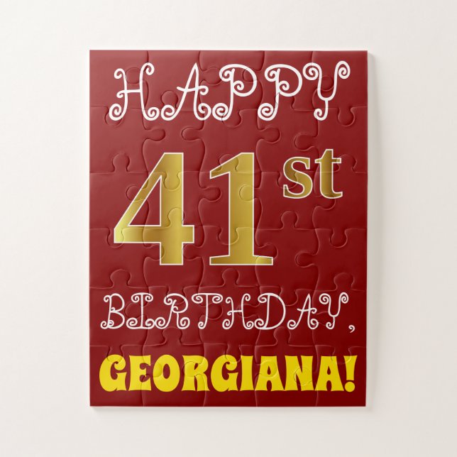 Red, Faux Gold 41st Birthday + Custom Name Puzzle (Vertical)