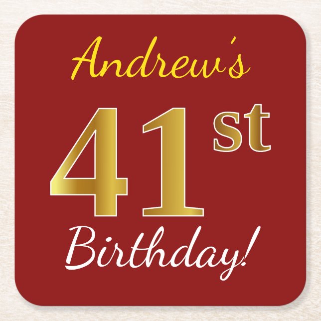 Red, Faux Gold 41st Birthday + Custom Name Square Paper Coaster (Front)