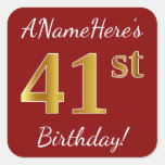 [ Thumbnail: Red, Faux Gold 41st Birthday + Custom Name Sticker ]