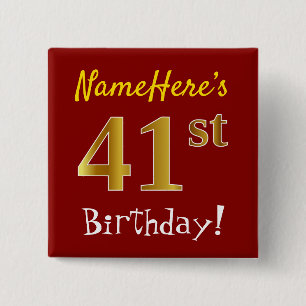 Red, Faux Gold 41st Birthday, With Custom Name Button