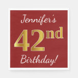 [ Thumbnail: Red, Faux Gold 42nd Birthday + Custom Name Napkin ]