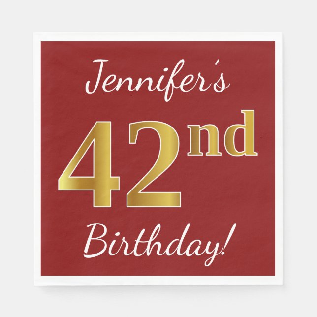 Red, Faux Gold 42nd Birthday + Custom Name Napkins (Front)