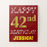 [ Thumbnail: Red, Faux Gold 42nd Birthday + Custom Name Puzzle ]