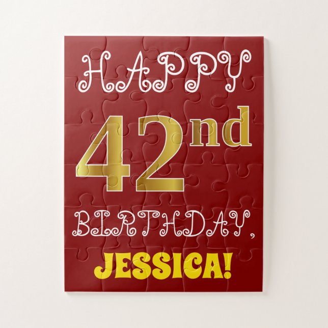 Red, Faux Gold 42nd Birthday + Custom Name Puzzle (Vertical)