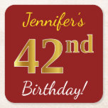 [ Thumbnail: Red, Faux Gold 42nd Birthday + Custom Name Paper Coaster ]