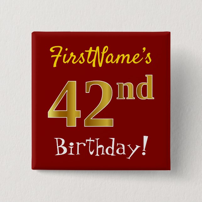 Red, Faux Gold 42nd Birthday, With Custom Name Button (Front)