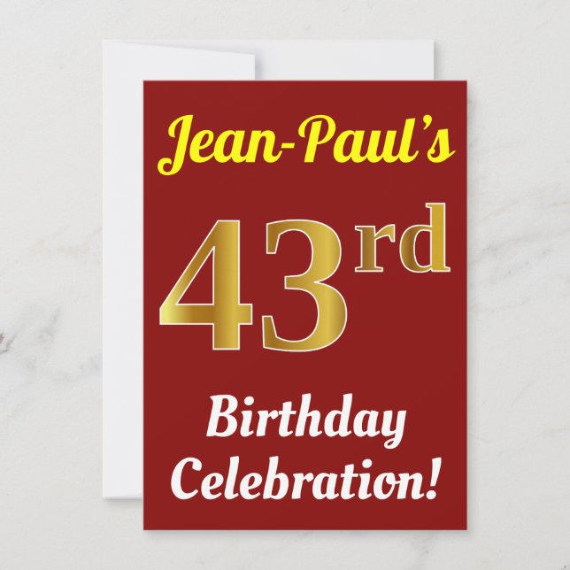 Red, Faux Gold 43rd Birthday Celebration + Name Invitation (Front)