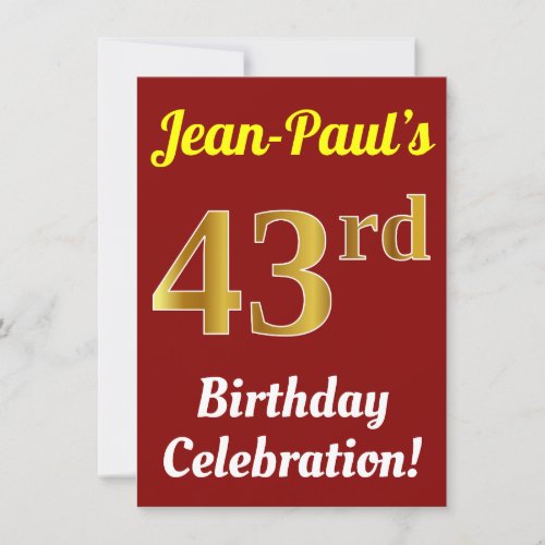 Red Faux Gold 43rd Birthday Celebration  Name Invitation