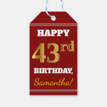 [ Thumbnail: Red, Faux Gold 43rd Birthday + Custom Name Gift Tags ]