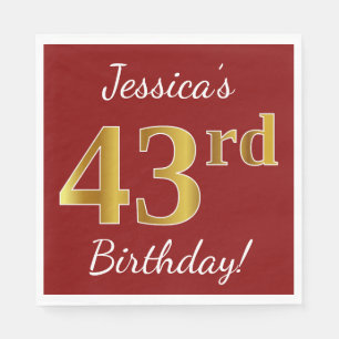 Red, Faux Gold 43rd Birthday + Custom Name Napkins
