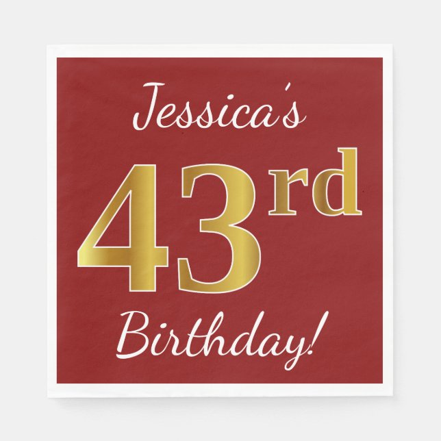 Red, Faux Gold 43rd Birthday + Custom Name Napkins (Front)