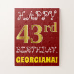 [ Thumbnail: Red, Faux Gold 43rd Birthday + Custom Name Puzzle ]