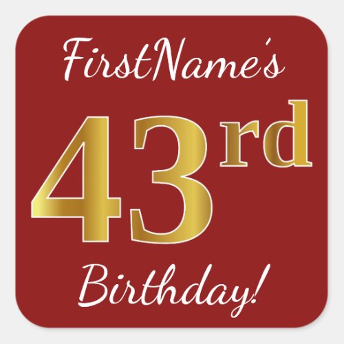 Red Faux Gold 43rd Birthday  Custom Name Sticker