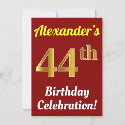 Red Faux Gold 44th Birthday Celebration  Name Invitation