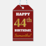 [ Thumbnail: Red, Faux Gold 44th Birthday + Custom Name Gift Tags ]