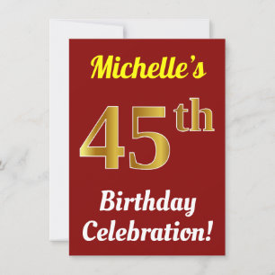 Red, Faux Gold 45th Birthday Celebration + Name Invitation