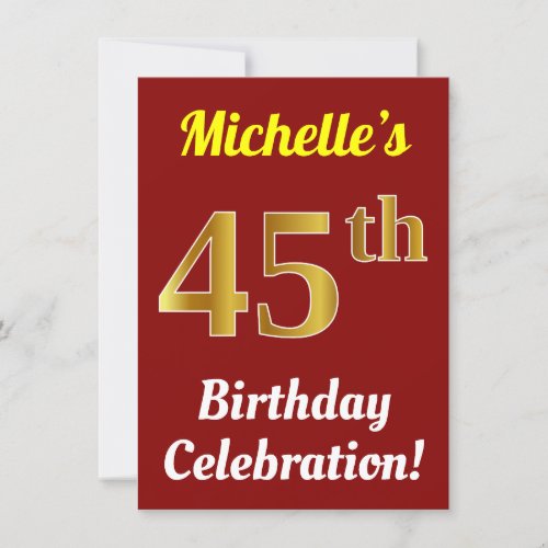 Red Faux Gold 45th Birthday Celebration  Name Invitation