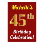 [ Thumbnail: Red, Faux Gold 45th Birthday Celebration + Name Invitation ]