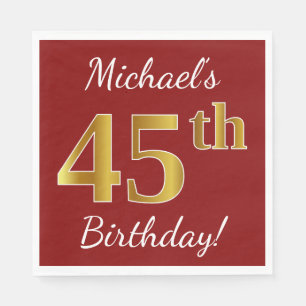 Red, Faux Gold 45th Birthday + Custom Name Paper Napkins