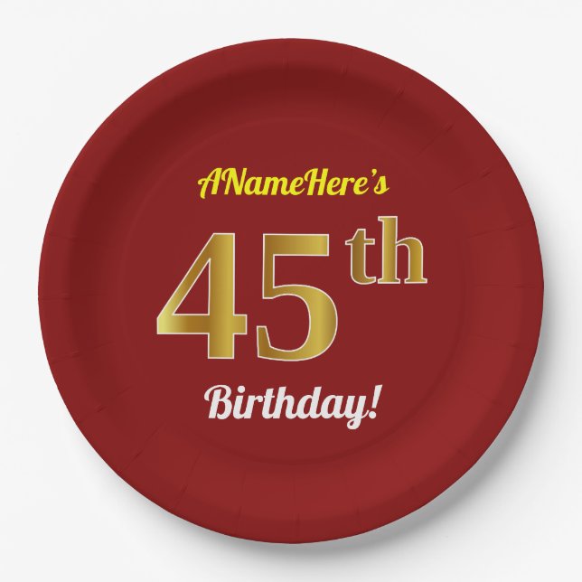 Red, Faux Gold 45th Birthday + Custom Name Paper Plates (Front)