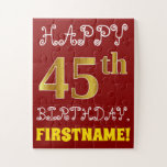 [ Thumbnail: Red, Faux Gold 45th Birthday + Custom Name Puzzle ]