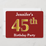 [ Thumbnail: Red, Faux Gold 45th Birthday Party + Custom Name Invitation ]