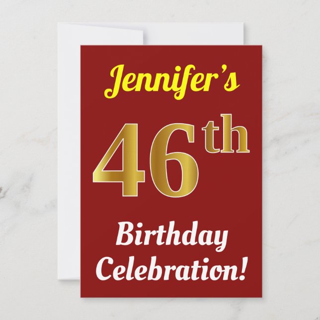 Red, Faux Gold 46th Birthday Celebration + Name Invitation (Front)