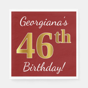 Red, Faux Gold 46th Birthday + Custom Name Napkins