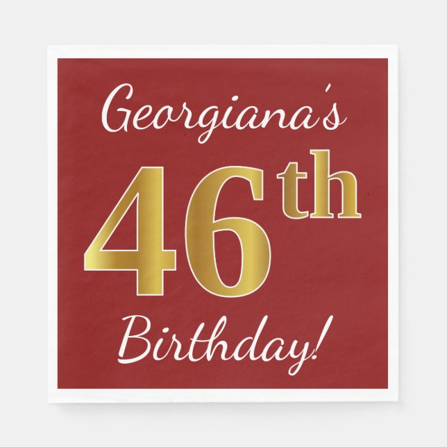 Red, Faux Gold 46th Birthday + Custom Name Napkins (Front)