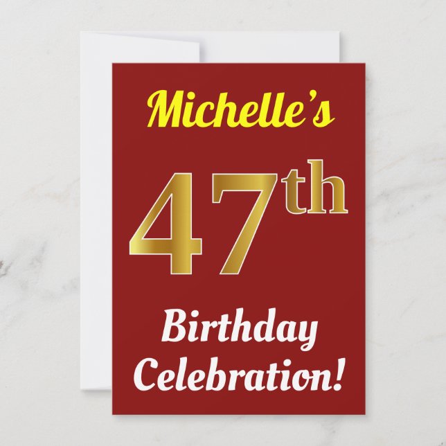 Red, Faux Gold 47th Birthday Celebration + Name Invitation (Front)
