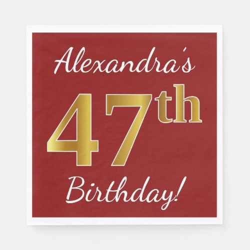 Red Faux Gold 47th Birthday  Custom Name Napkins