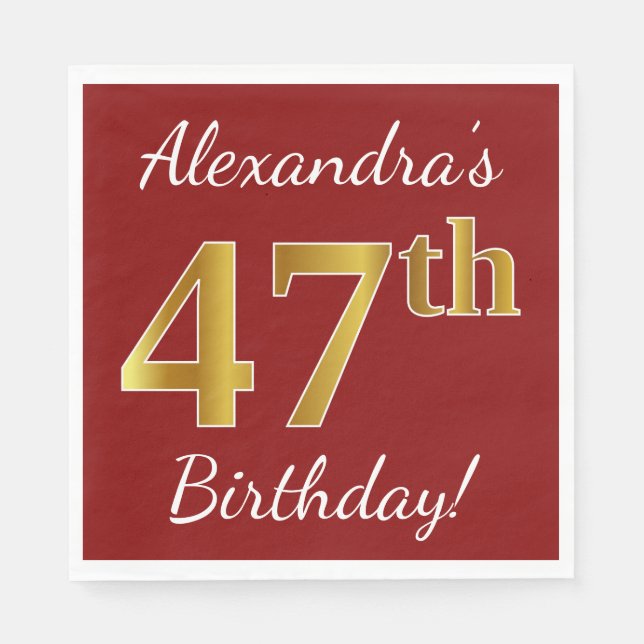 Red, Faux Gold 47th Birthday + Custom Name Napkins (Front)