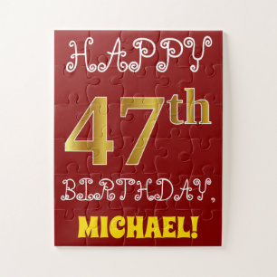 Red, Faux Gold 47th Birthday + Custom Name Puzzle