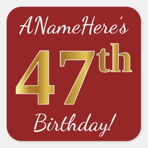 Red Faux Gold 47th Birthday  Custom Name Sticker