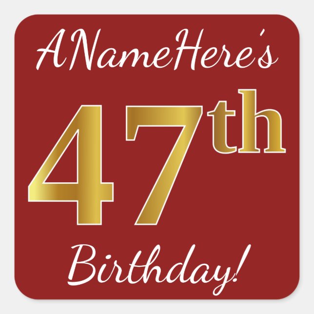 Red, Faux Gold 47th Birthday + Custom Name Sticker (Front)