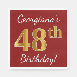 Red, Faux Gold 48th Birthday + Custom Name Napkins