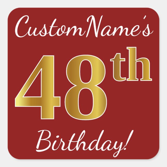 Red, Faux Gold 48th Birthday + Custom Name Sticker (Front)
