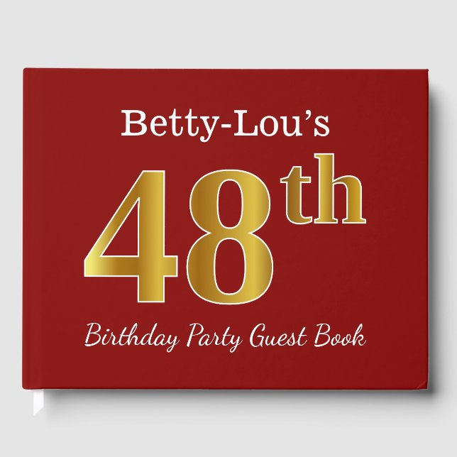 Red, Faux Gold 48th Birthday Party + Custom Name Guest Book (Front)