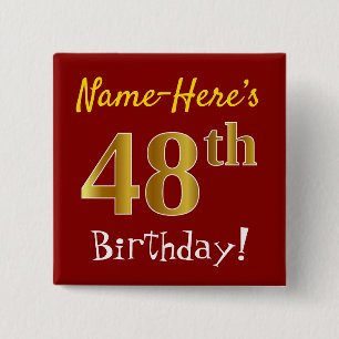 Red, Faux Gold 48th Birthday, With Custom Name Button