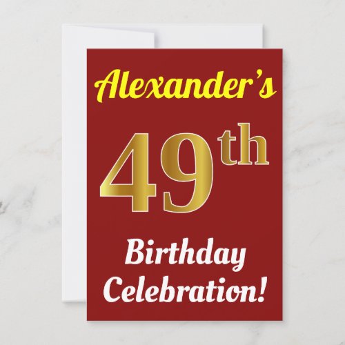 Red Faux Gold 49th Birthday Celebration  Name Invitation