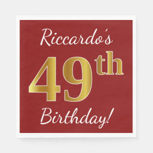 Red, Faux Gold 49th Birthday + Custom Name Napkins