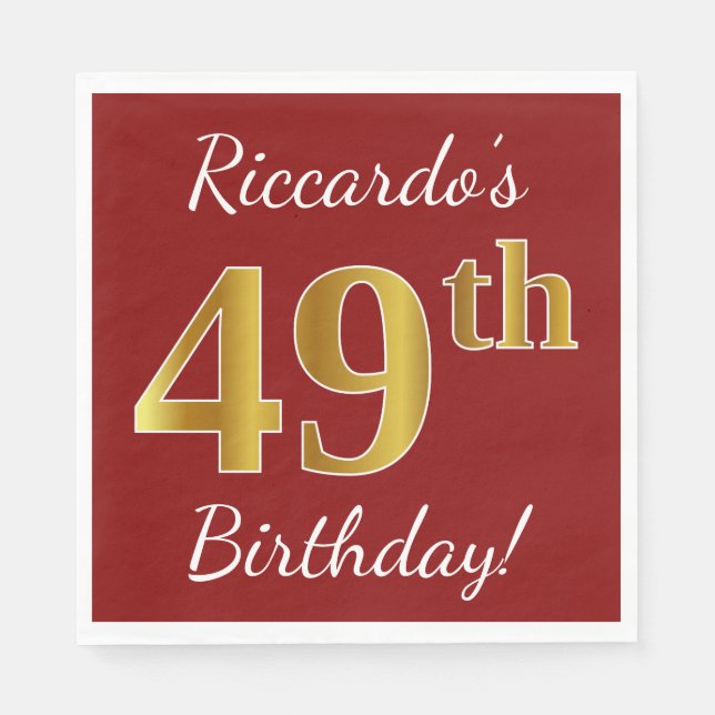 Red, Faux Gold 49th Birthday + Custom Name Napkins (Front)